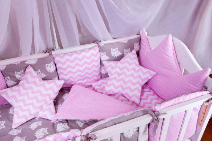 Детская постель Babyroom Bortiki lux-08 sowa розовый - серый