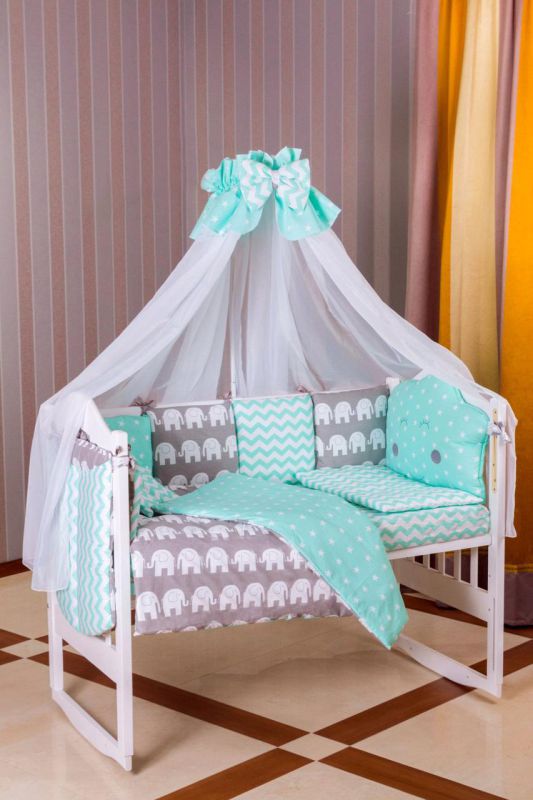 Дитяча постільна білизна Babyroom Bortiki lux-08 elephant бірюзовий - сірий