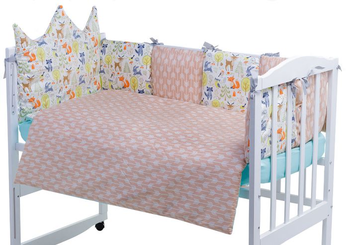 Дитяча постільна білизна Babyroom Classic Bortiki-01 (6 елементів) бірюза-бежевий-білий (лісові звірі)