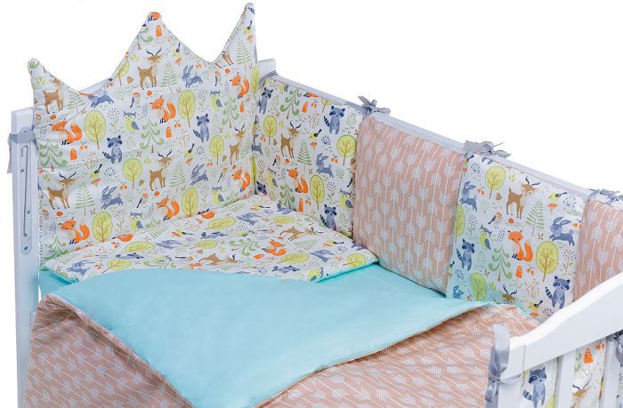 Дитяча постільна білизна Babyroom Classic Bortiki-01 (6 елементів) бірюза-бежевий-білий (лісові звірі)