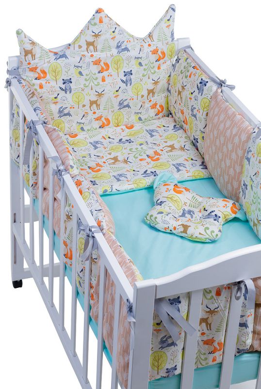 Дитяча постільна білизна Babyroom Classic Bortiki-01 (6 елементів) бірюза-бежевий-білий (лісові звірі)