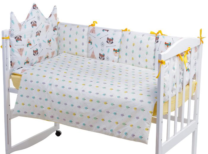Дитяча постільна білизна Babyroom Classic Bortiki-01 (6 елементів) жовто-біле (лисиця, єнот)