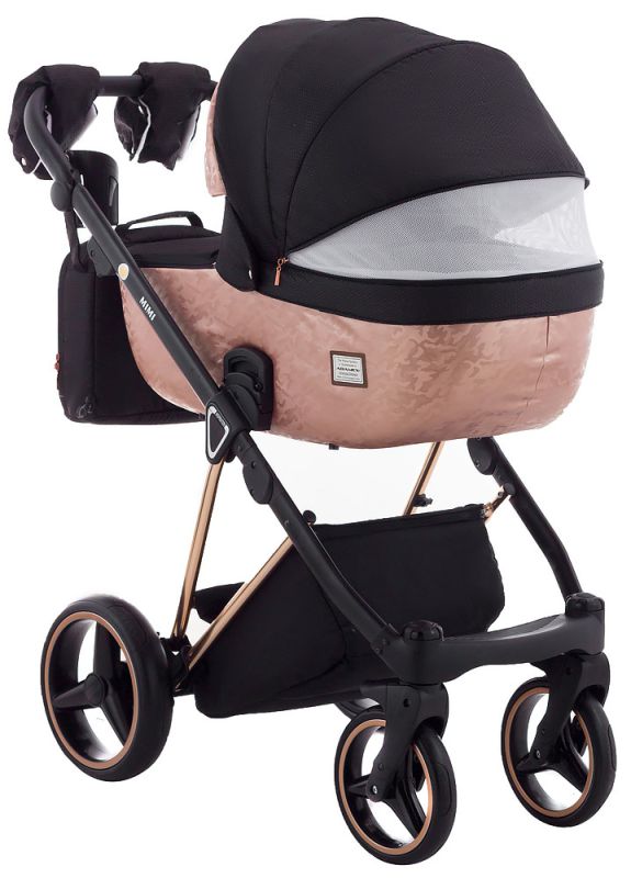 Коляска 2 в 1 Adamex Mimi Polar (Pink Gold) BR604 черный (люрикс) - медный (принт) кожа (выдавленная точка)