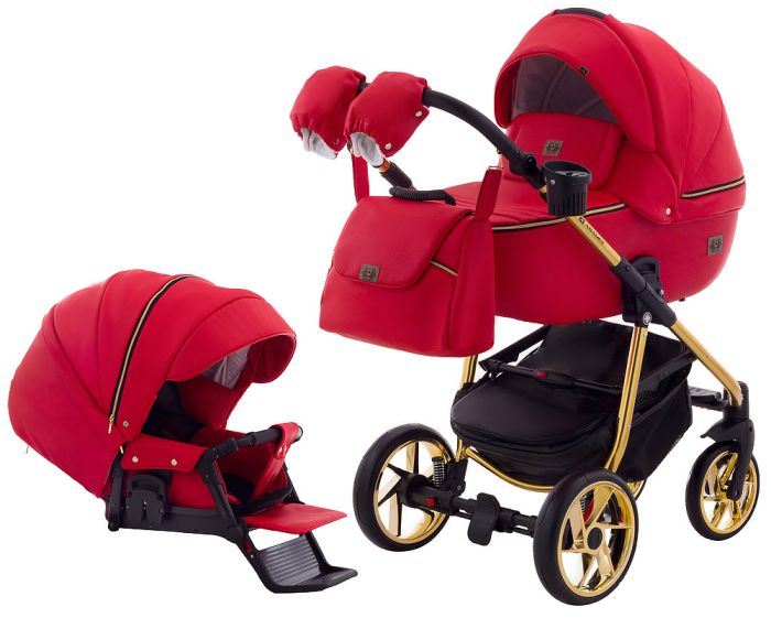 Коляска 2 в 1 Adamex Hybryd Plus Polar (Gold) Кожа 100% BR313 красный кожа (выдавленная точка) - красный кожа
