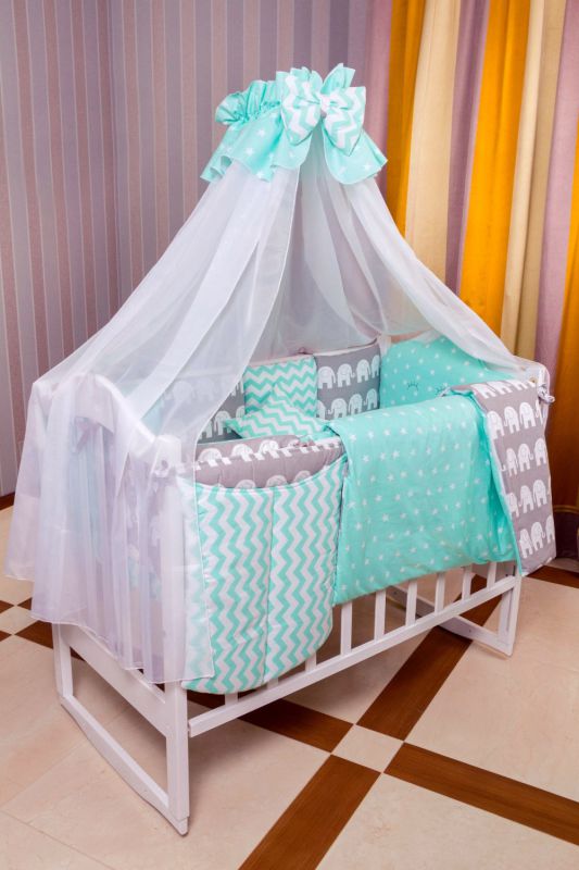 Дитяча постільна білизна Babyroom Bortiki lux-08 elephant бірюзовий - сірий