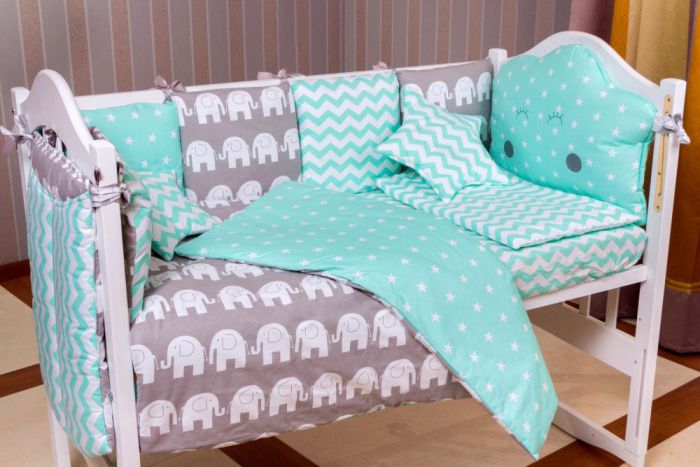 Дитяча постільна білизна Babyroom Bortiki lux-08 elephant бірюзовий - сірий