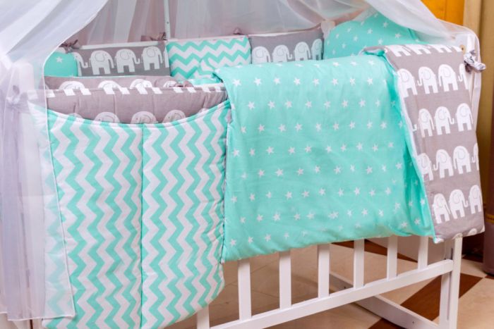 Дитяча постільна білизна Babyroom Bortiki lux-08 elephant бірюзовий - сірий