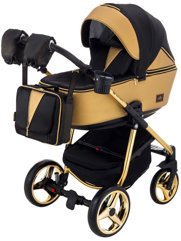 Коляска 2 в 1 Adamex Sierra Polar (Gold) SR436 чорний (люрікс) - золота шкіра (перфорація)