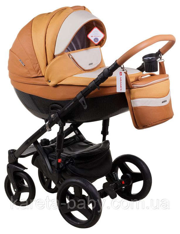 Коляска 2 в 1 Adamex Monte Deluxe Carbon шкіра 100% D104 рудий-карамель-білий
