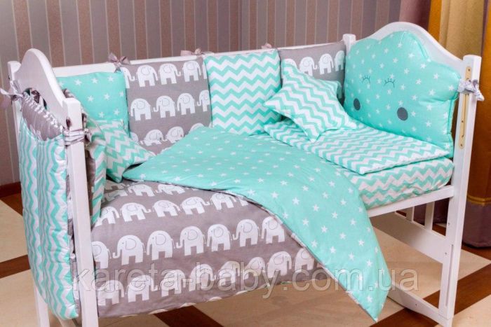 Дитяча постільна білизна Babyroom Bortiki lux-08 elephant бірюзовий - сірий