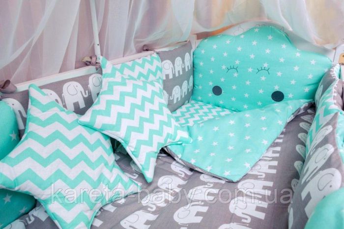 Дитяча постільна білизна Babyroom Bortiki lux-08 elephant бірюзовий - сірий