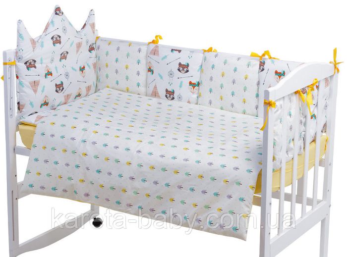 Дитяча постільна білизна Babyroom Classic Bortiki-01 (6 елементів) жовто-біле (лисиця, єнот)