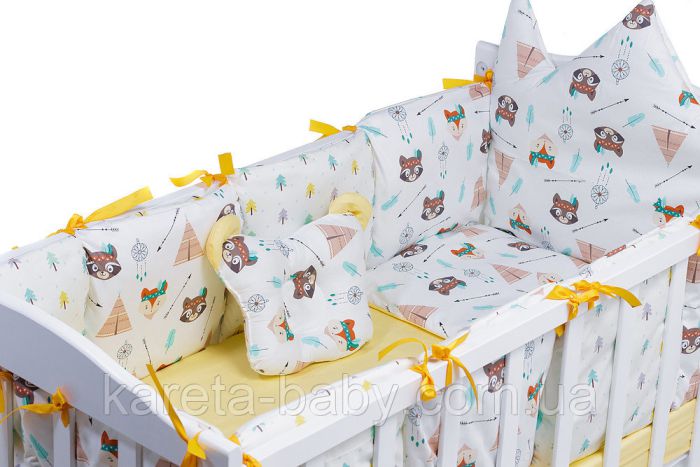 Дитяча постільна білизна Babyroom Classic Bortiki-01 (6 елементів) жовто-біле (лисиця, єнот)