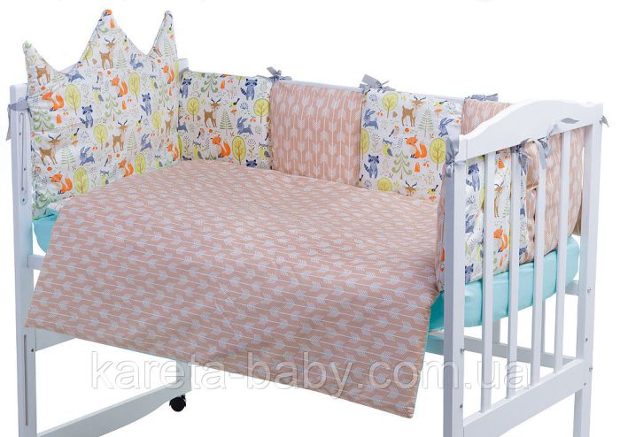 Дитяча постільна білизна Babyroom Classic Bortiki-01 (6 елементів) бірюза-бежевий-білий (лісові звірі)