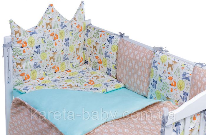 Дитяча постільна білизна Babyroom Classic Bortiki-01 (6 елементів) бірюза-бежевий-білий (лісові звірі)