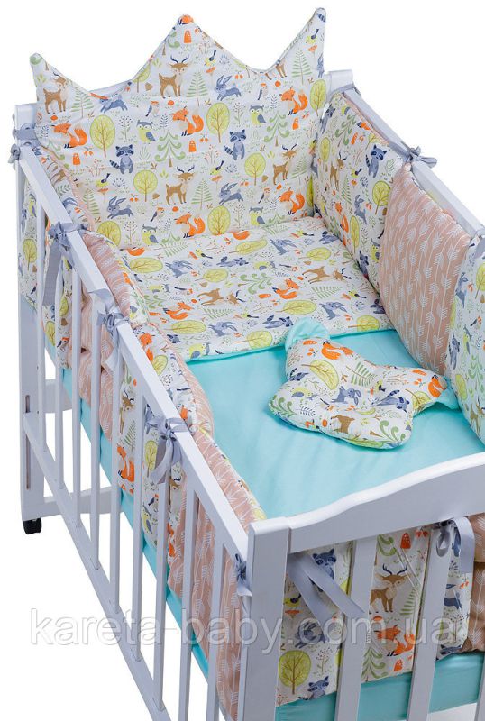 Дитяча постільна білизна Babyroom Classic Bortiki-01 (6 елементів) бірюза-бежевий-білий (лісові звірі)