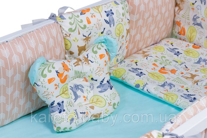 Дитяча постільна білизна Babyroom Classic Bortiki-01 (6 елементів) бірюза-бежевий-білий (лісові звірі)