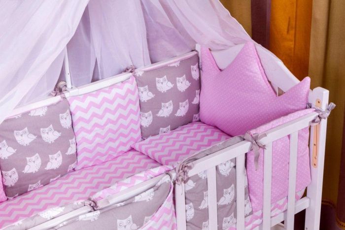 Детская постель Babyroom Bortiki lux-08 sowa розовый - серый
