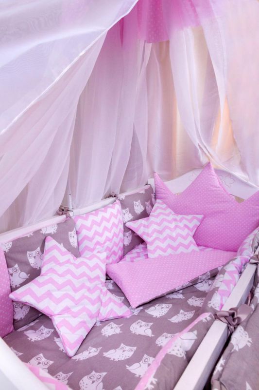 Детская постель Babyroom Bortiki lux-08 sowa розовый - серый