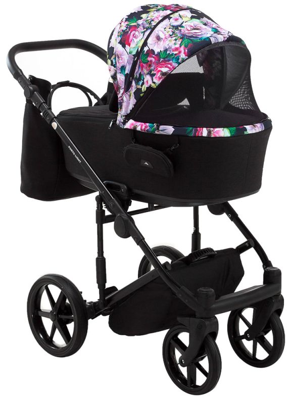 Коляска 2 в 1 Adamex Porto Light Flowers 10 чорний (різнокольорові квіти)