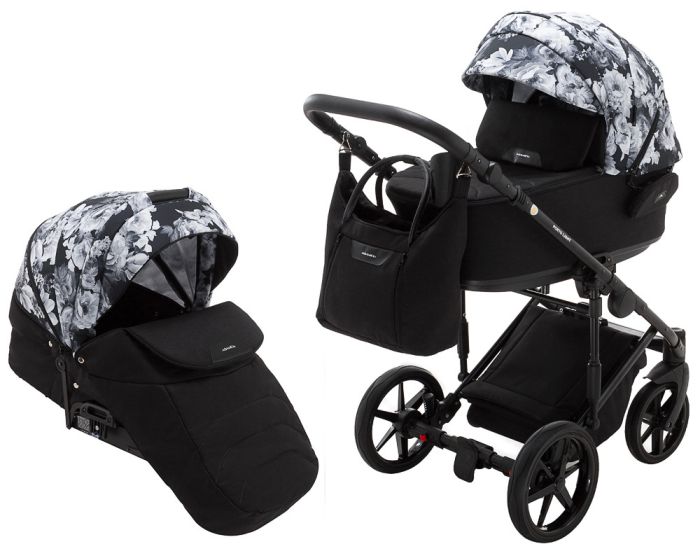 Коляска 2 в 1 Adamex Porto Light Flowers 11 черный (черно цветы)-белые