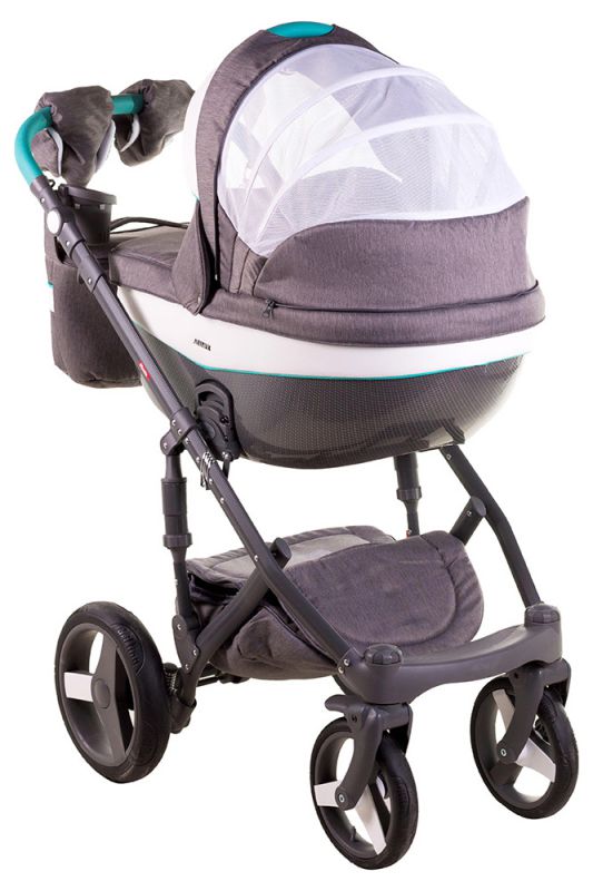 Коляска 2 в 1 Adamex Monte Deluxe Carbon D2 сірий льон - біла шкіра -бірюзовий кант (бірюзова ручка)