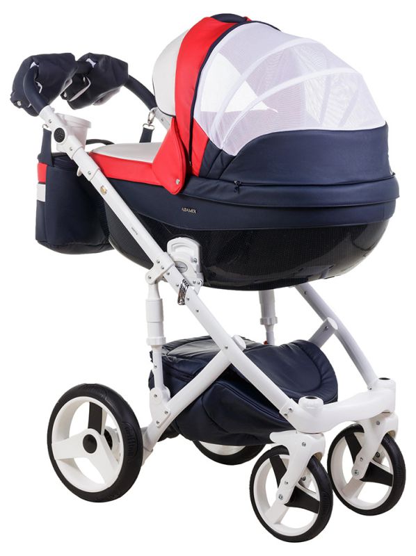 Коляска 2 в 1 Adamex Monte Deluxe Carbon кожа 100% D102 т.синий-красный-белый
