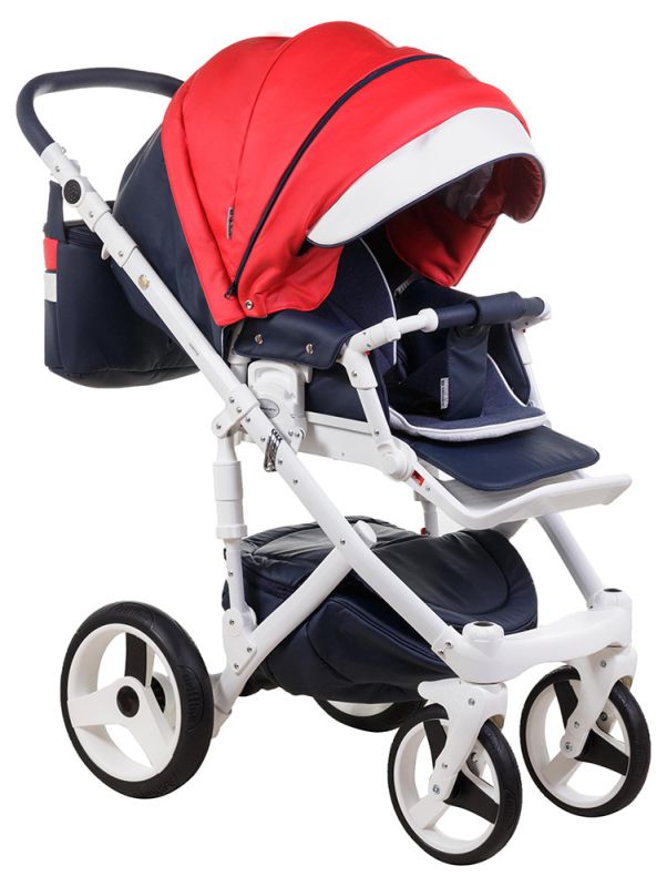 Коляска 2 в 1 Adamex Monte Deluxe Carbon кожа 100% D102 т.синий-красный-белый
