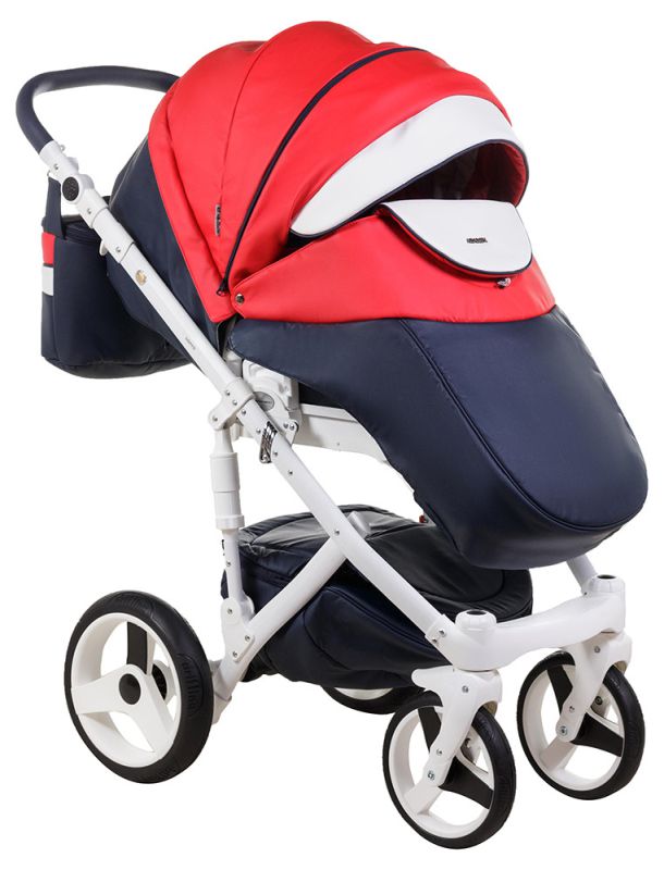 Коляска 2 в 1 Adamex Monte Deluxe Carbon кожа 100% D102 т.синий-красный-белый