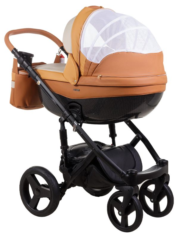 Коляска 2 в 1 Adamex Monte Deluxe Carbon шкіра 100% D104 рудий-карамель-білий