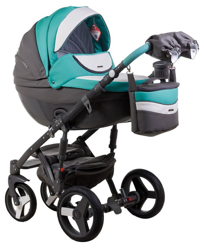 Коляска 2 в 1 Adamex Monte Deluxe Carbon кожа 100% D106 серый-бирюзовый-белый (графит карбон и рама)