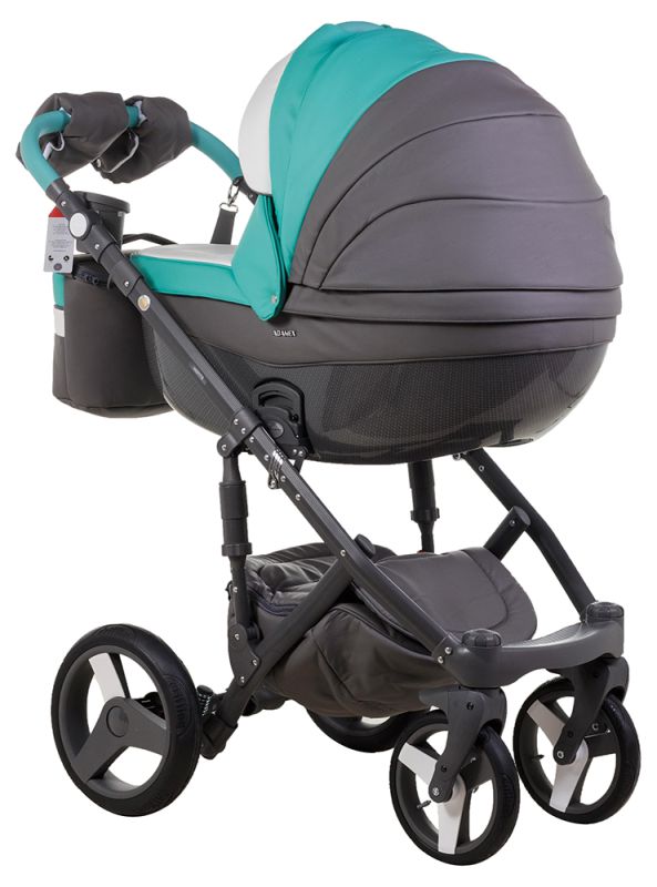 Коляска 2 в 1 Adamex Monte Deluxe Carbon кожа 100% D106 серый-бирюзовый-белый (графит карбон и рама)