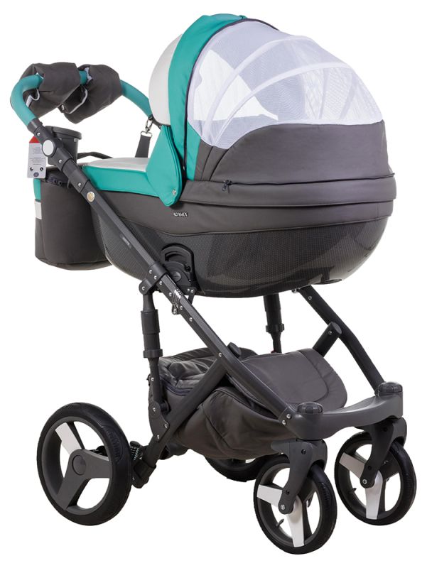 Коляска 2 в 1 Adamex Monte Deluxe Carbon кожа 100% D106 серый-бирюзовый-белый (графит карбон и рама)