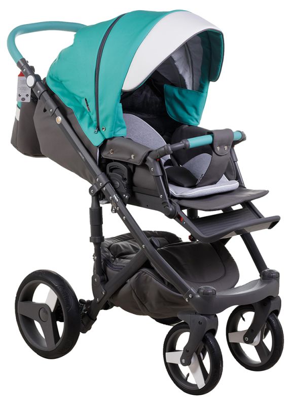 Коляска 2 в 1 Adamex Monte Deluxe Carbon кожа 100% D106 серый-бирюзовый-белый (графит карбон и рама)