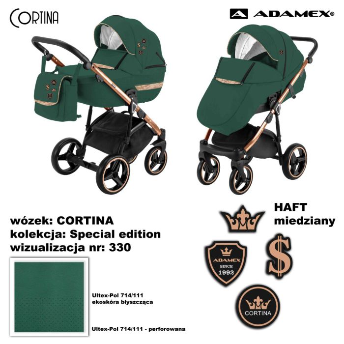 Коляска 2 в 1 Adamex Cortina CT-330 кожа зеленый сатин
