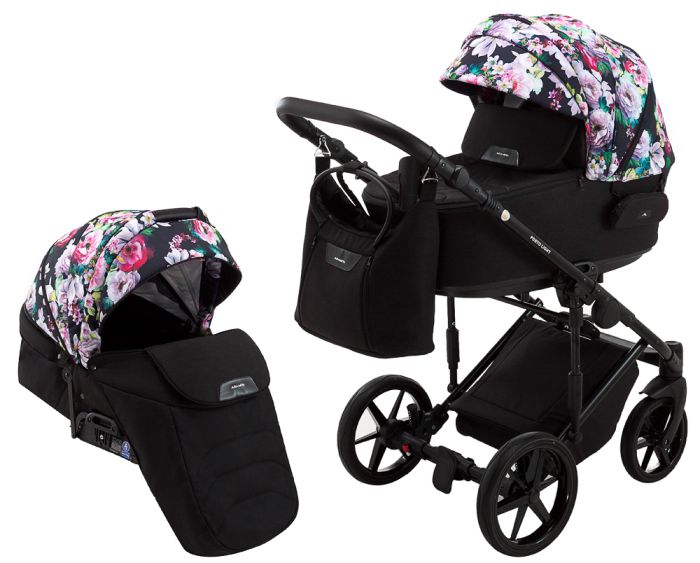 Коляска 2 в 1 Adamex Porto Light Flowers 10 чорний (різнокольорові квіти)
