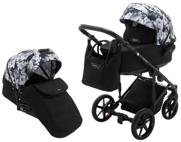 Коляска 2 в 1 Adamex Porto Light Flowers 11 черный (черно цветы)-белые