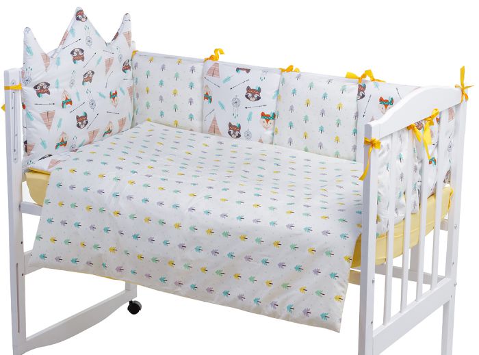 Дитяча постільна білизна Babyroom Classic Bortiki-01 (6 елементів) жовто-біле (лисиця, єнот)