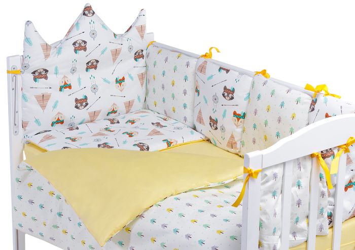 Дитяча постільна білизна Babyroom Classic Bortiki-01 (6 елементів) жовто-біле (лисиця, єнот)