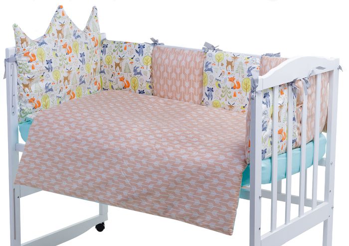 Дитяча постільна білизна Babyroom Classic Bortiki-01 (6 елементів) бірюза-бежевий-білий (лісові звірі)