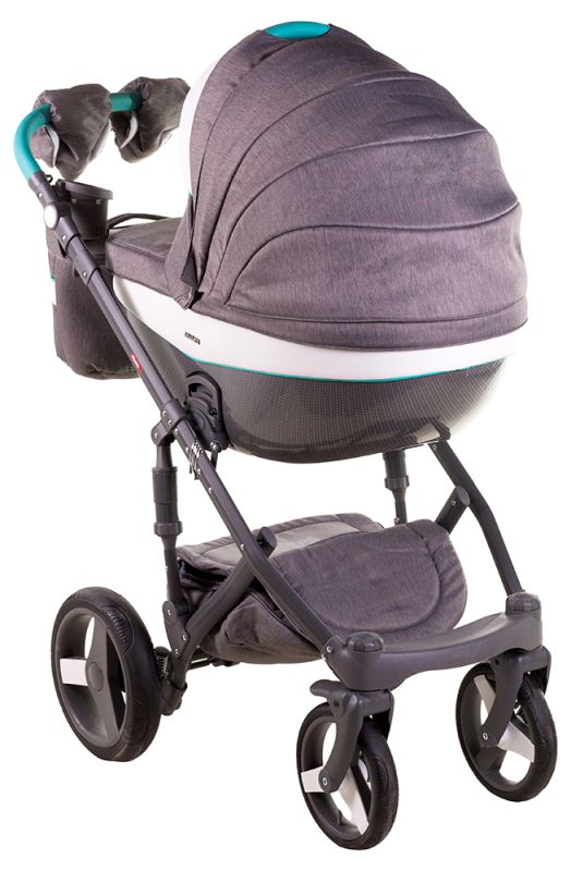 Коляска 2 в 1 Adamex Monte Deluxe Carbon D2 сірий льон - біла шкіра -бірюзовий кант (бірюзова ручка)