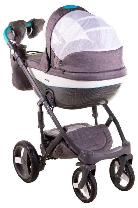 Коляска 2 в 1 Adamex Monte Deluxe Carbon D2 сірий льон - біла шкіра -бірюзовий кант (бірюзова ручка)