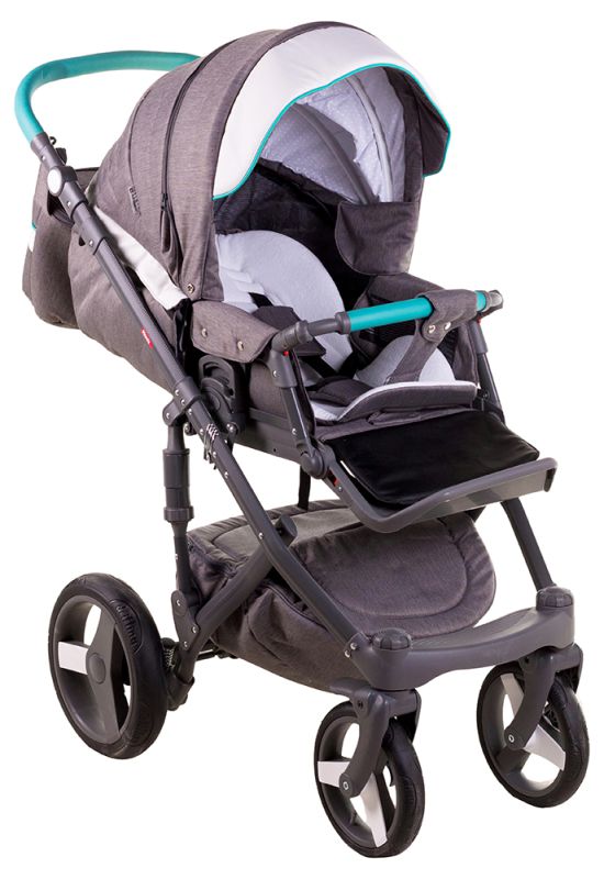 Коляска 2 в 1 Adamex Monte Deluxe Carbon D2 сірий льон - біла шкіра -бірюзовий кант (бірюзова ручка)