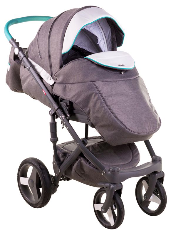 Коляска 2 в 1 Adamex Monte Deluxe Carbon D2 сірий льон - біла шкіра -бірюзовий кант (бірюзова ручка)
